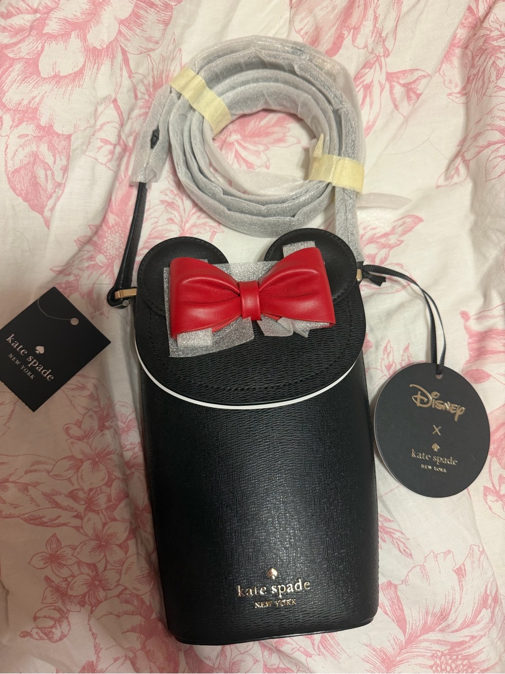 kate spade black crossbody with red bow and silver ears